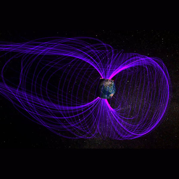 Illustration of Earth surrounded by purple lines indicating magnetosphere.