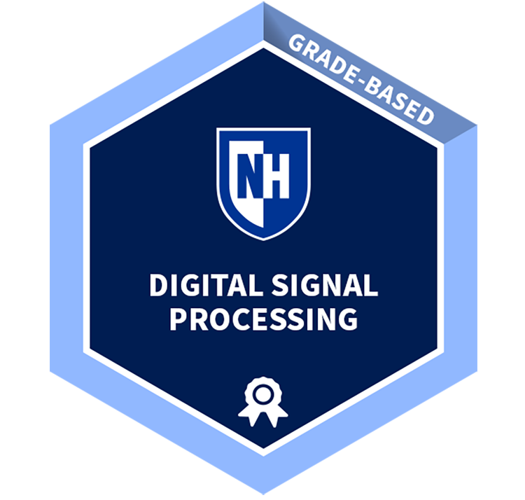 Blue digital badge graphic of Digital Signal Processing. 