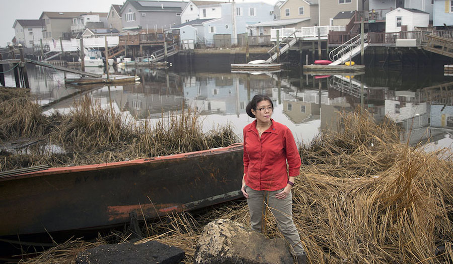Helen Cheng working in extension and outreach in New York City at Jamaica Bay. Helen standing by the shore with row of houses in background.