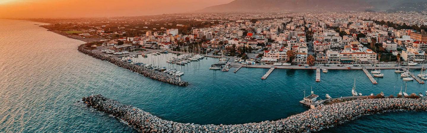 Arial view of Kalamata, Greece at sunset.