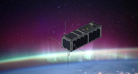 Color rendering of 3UCubed satellite in space. 