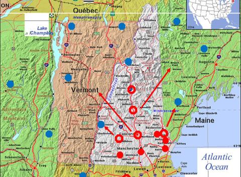 Map of NH with dots indicating magnetometer locations