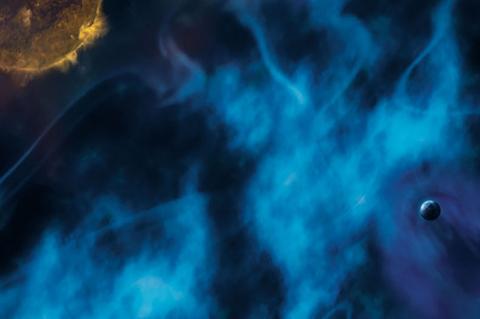 Sun and Earth HelioSwarm illustration with blue plasma. 