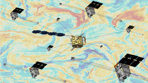 HelioSwarm Observatory against Turbulence Illustration.
