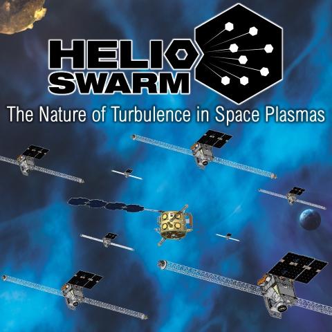 HelioSwarm logo above blue space plasma background with swarm of satellites. 