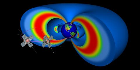 Illustration of earth in space with colorful magnetic fields and two RBSP satellites.