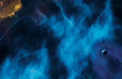 Blue plasma illustration with earth and sun.