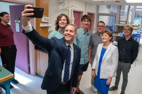 NASA administrator with Senator Shaheen and UNH students working on the Parker Solar Probe