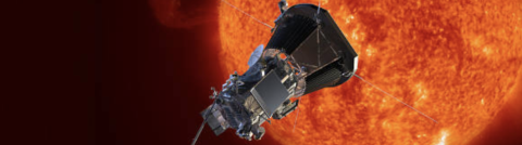Image of Solar Probe in front of fiery sun.
