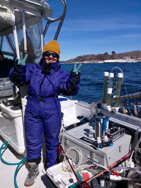 Melissa on a boat in the cold. 