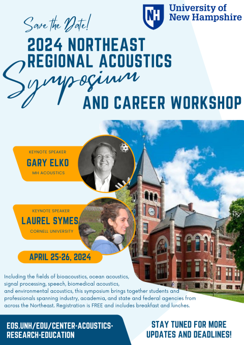 Color flier of NE Regional Acoustics Symposium with keynote speaker photos.