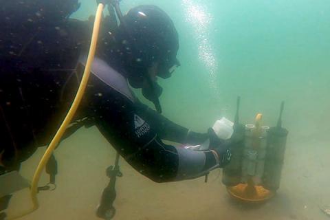 Photo of scuba diver holding a device on the ocean floor.