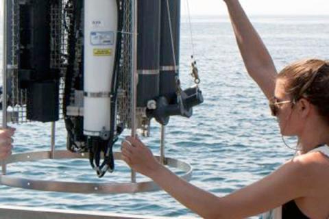 A woman on a boat lowering a rosette into the water.