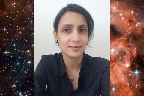 Headshot of Nada AlHaddad over a galaxy background. 
