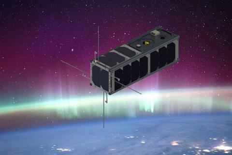 Rendering of 3UCubed satellite in space over Earth.