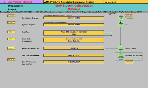 UNH Link Budget spreadsheet screenshot.