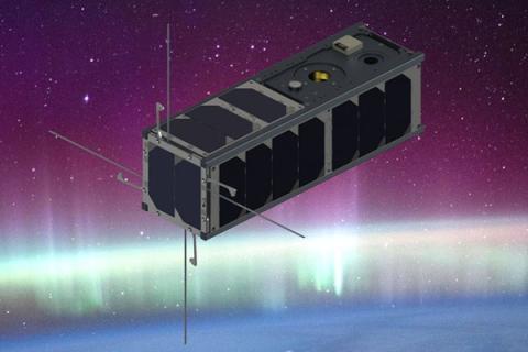 Rendering of 3UCubed satellite in space. 