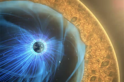 Rendering of Earth's magnetosphere in space. 