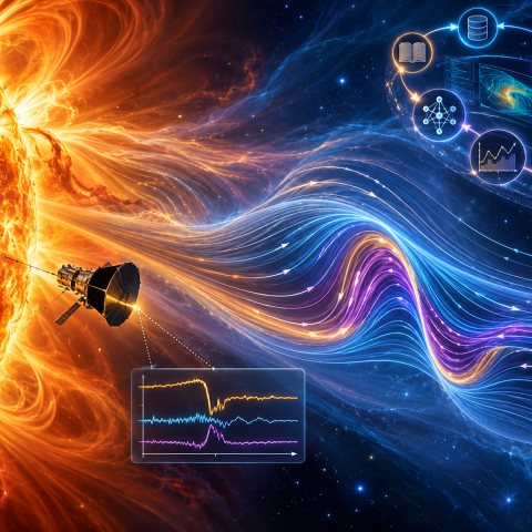 Rendering of Parker Solar Probe near sun and wavy lines. 